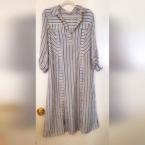 eci New York Blue and White Striped Long Sleeve Shirt Dress.